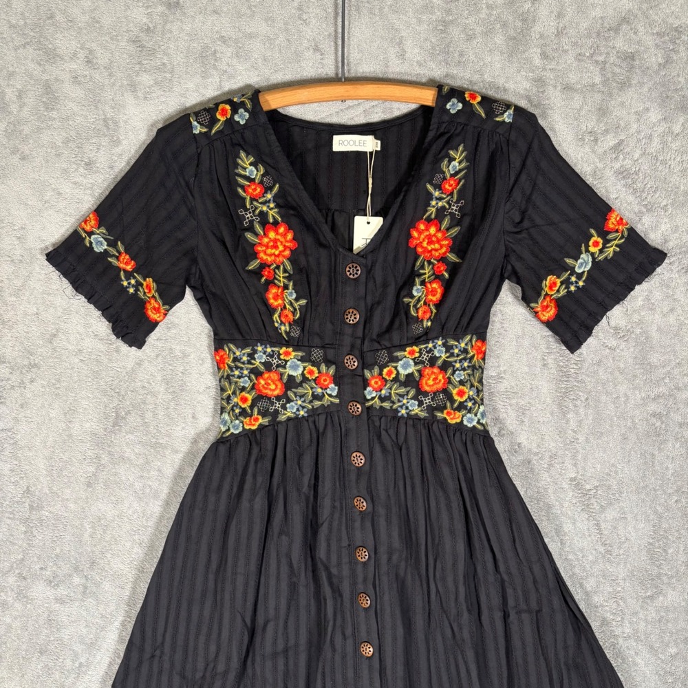 ROOLEE Black Floral Embroidered Cotton Button Front Midi Dress XXS NWT Cottage - Picture 5 of 14